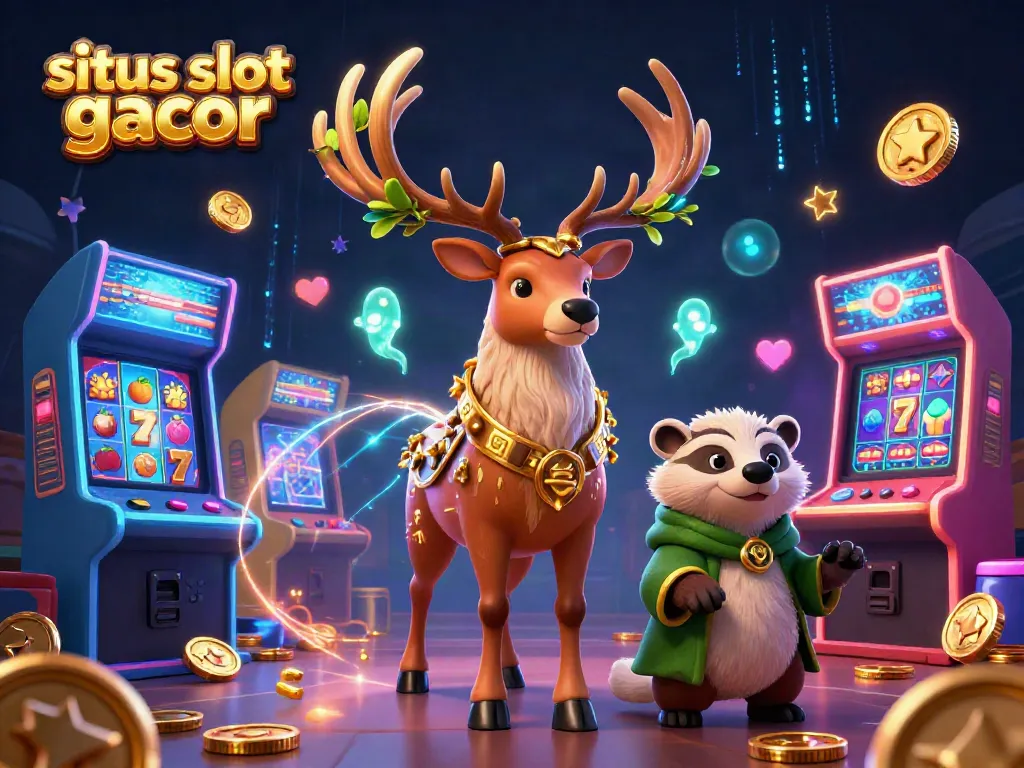 Situs slot gacor scene with a druid stag, wise badger, colorful slot elements, and neon effects.