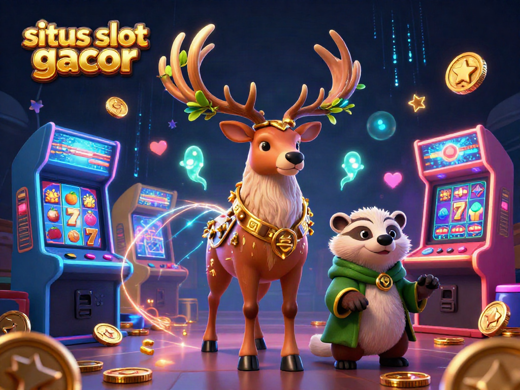 Situs slot gacor scene with a druid stag, wise badger, colorful slot elements, and neon effects.