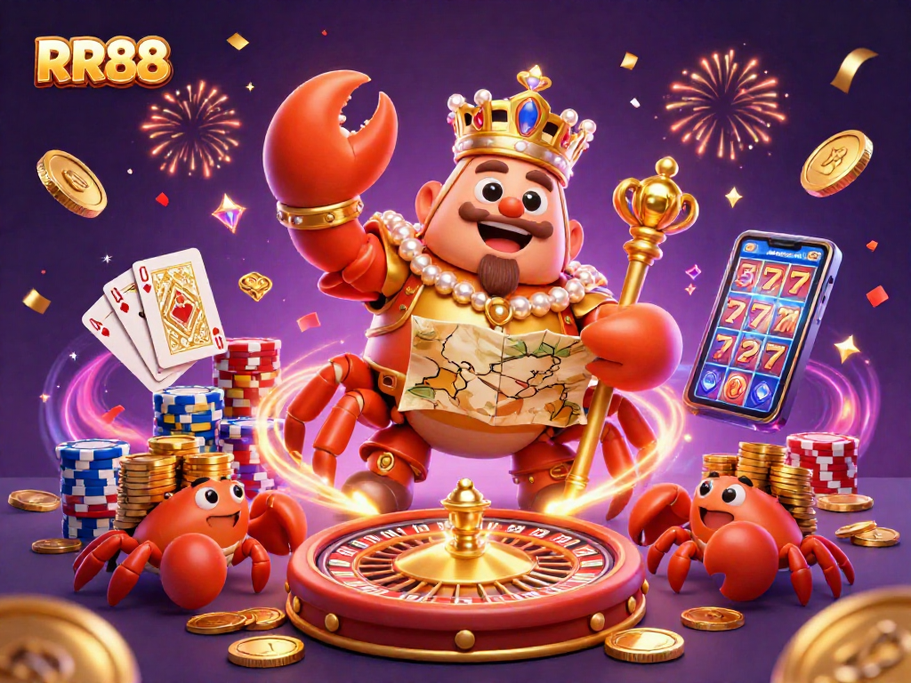 Experience the excitement of RR88's dynamic gaming realm with the golden crab emperor and thrilling casino elements.
