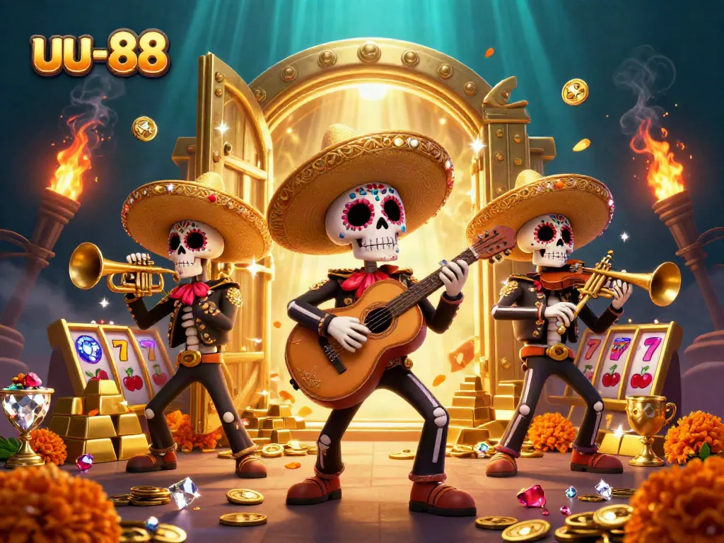 Experience the thrill of uu-88 slots with a vibrant mariachi band and plentiful treasures in this exciting 3D illustration.