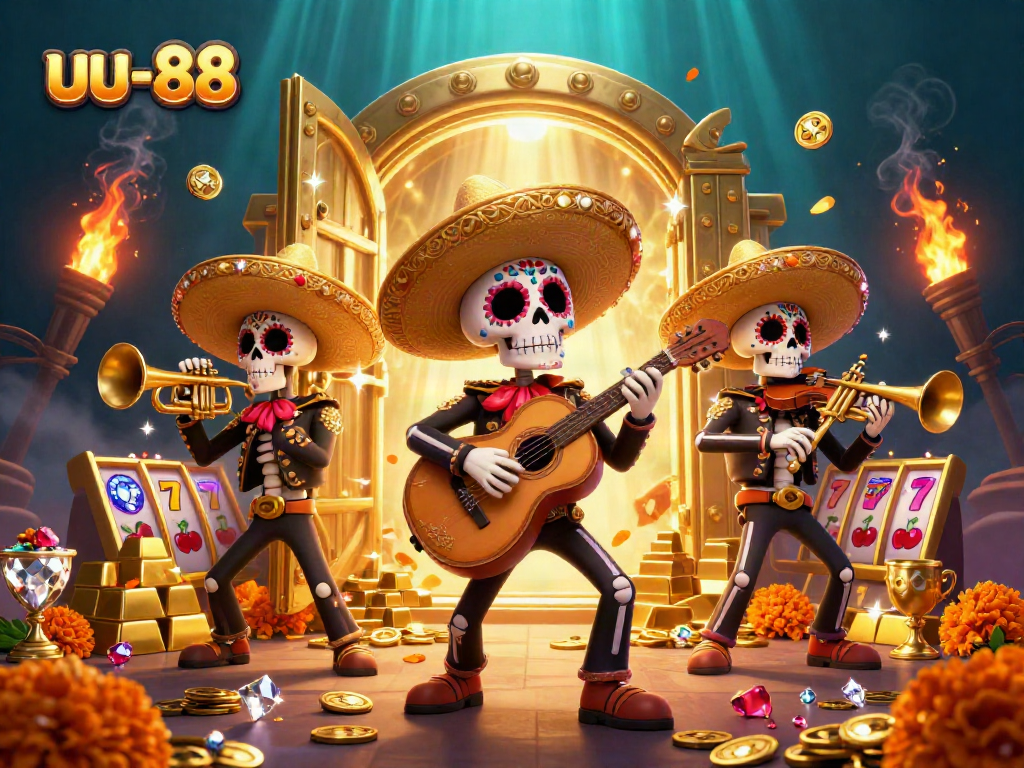 Experience the thrill of uu-88 slots with a vibrant mariachi band and plentiful treasures in this exciting 3D illustration.