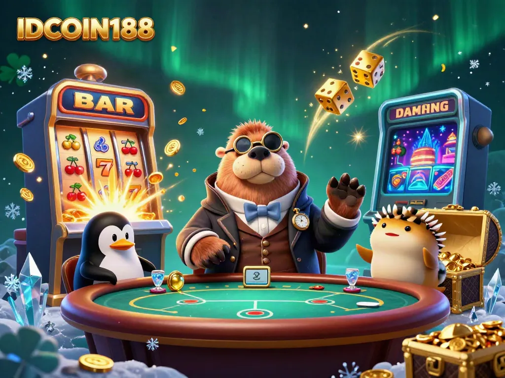 IDCOIN188 showcases a jolly walrus at an underwater poker table surrounded by casino elements and vibrant graphics.