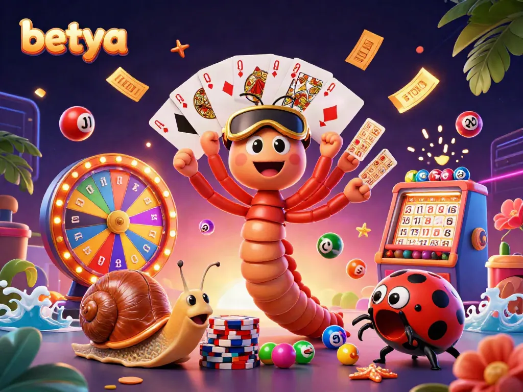 Betya casino illustration with millipede dealer, colorful lottery balls, and vibrant game elements