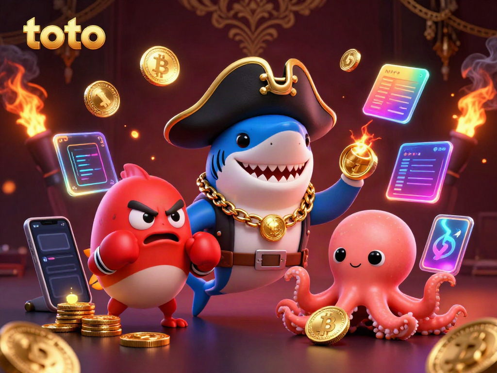 Experience thrilling wins at toto with a dynamic scene of a cartoon shark pirate, pufferfish, and octopus in a vibrant casino layout.