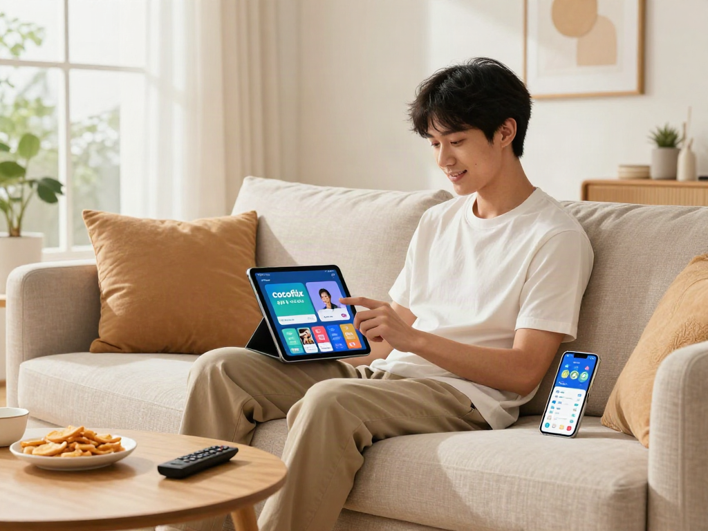 Cocoflix apk showcased on a tablet in a cozy living room setting, reflecting modern mobile app use.