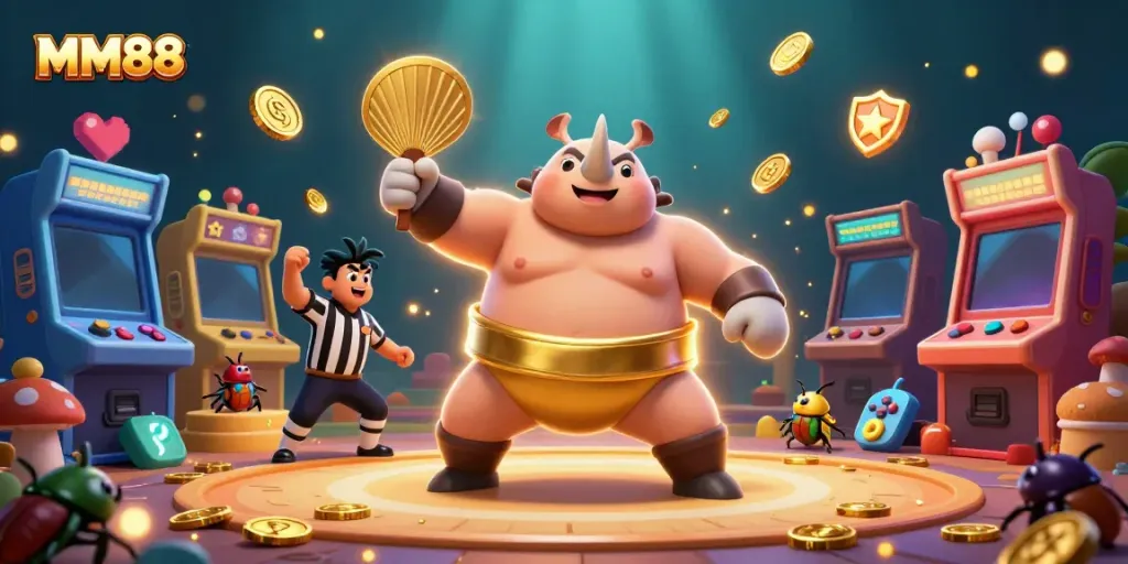 Witness the excitement of MM88 as a rhinoceros beetle sumo champion stomps, sending coins flying!
