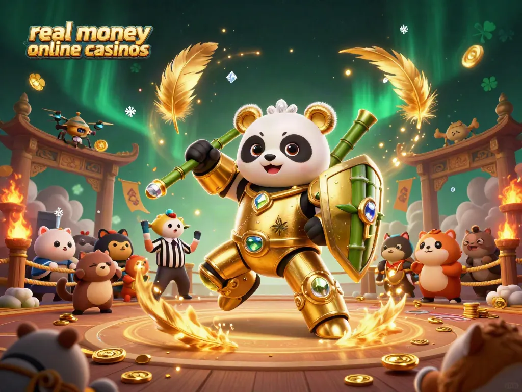 Engage in thrilling real money online casinos with a golden panda in a mech-suit battling in a vibrant arena.