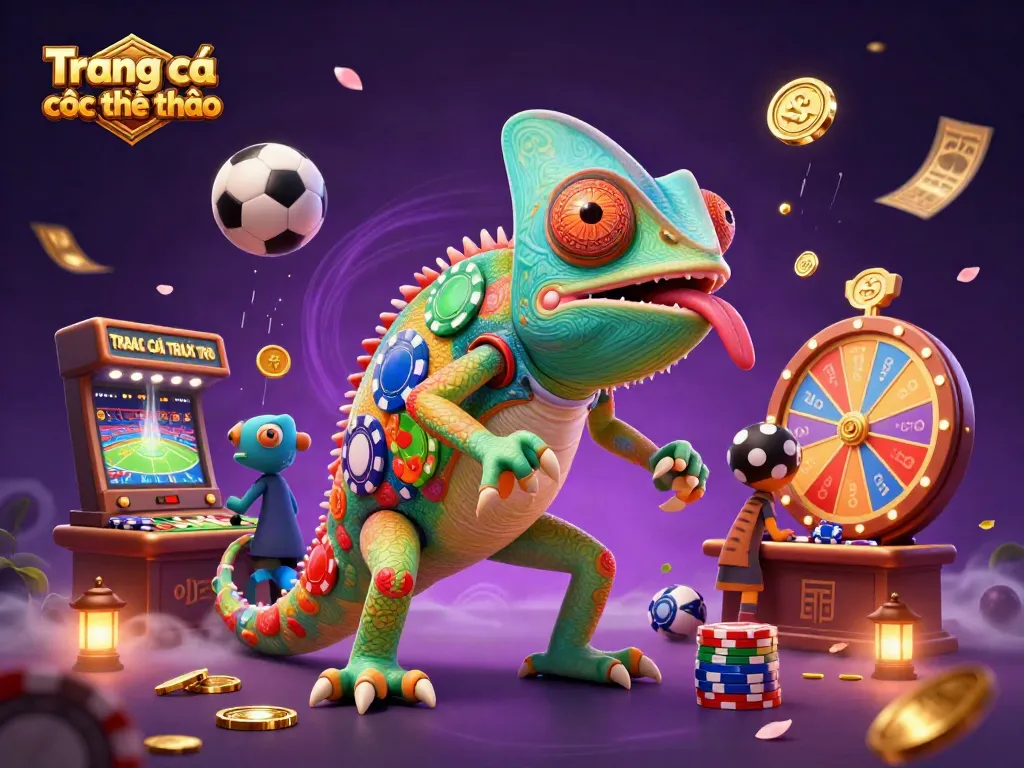 Experience Trang cá cược thể thao with a colorful chameleon casino owner amidst dynamic sports betting elements.