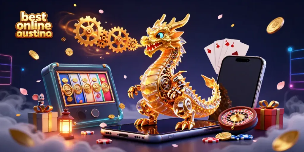 Experience the best online casino australia with a golden dragon and vibrant game elements in a rich 3D scene.