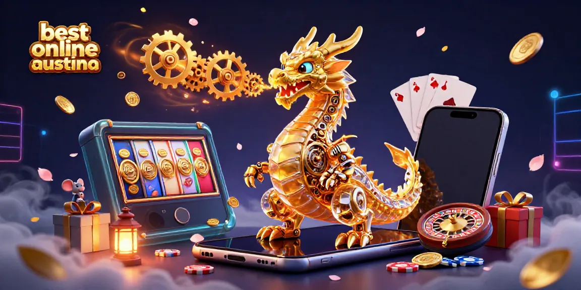 Experience the best online casino australia with a golden dragon and vibrant game elements in a rich 3D scene.