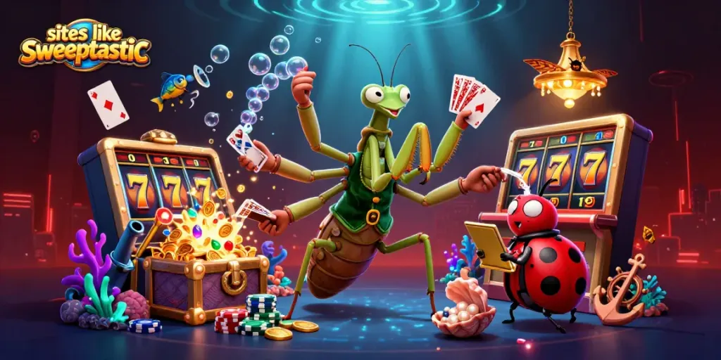 Win big at sites like sweeptastic with a vibrant casino scene of a mantis card sharp and ladybug pit boss.