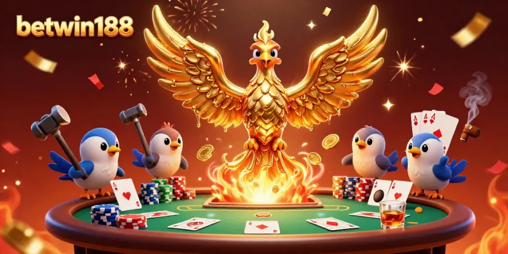 Menggairahkan pengalaman bermain di betwin188 dengan ilustrasi kasino yang penuh kegembiraan dan elemen unik.