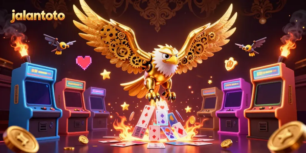 Gambaran 3D jalantoto dengan elang emas sibernetik dan kartu bermain holografik berwarna-warni.