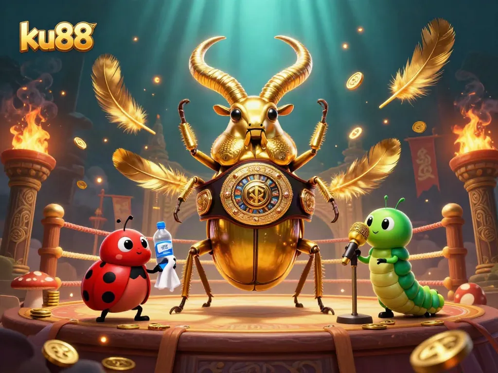 Experience thrilling action at ku88 as a golden stag beetle shines in the ring, flanked by unique characters.