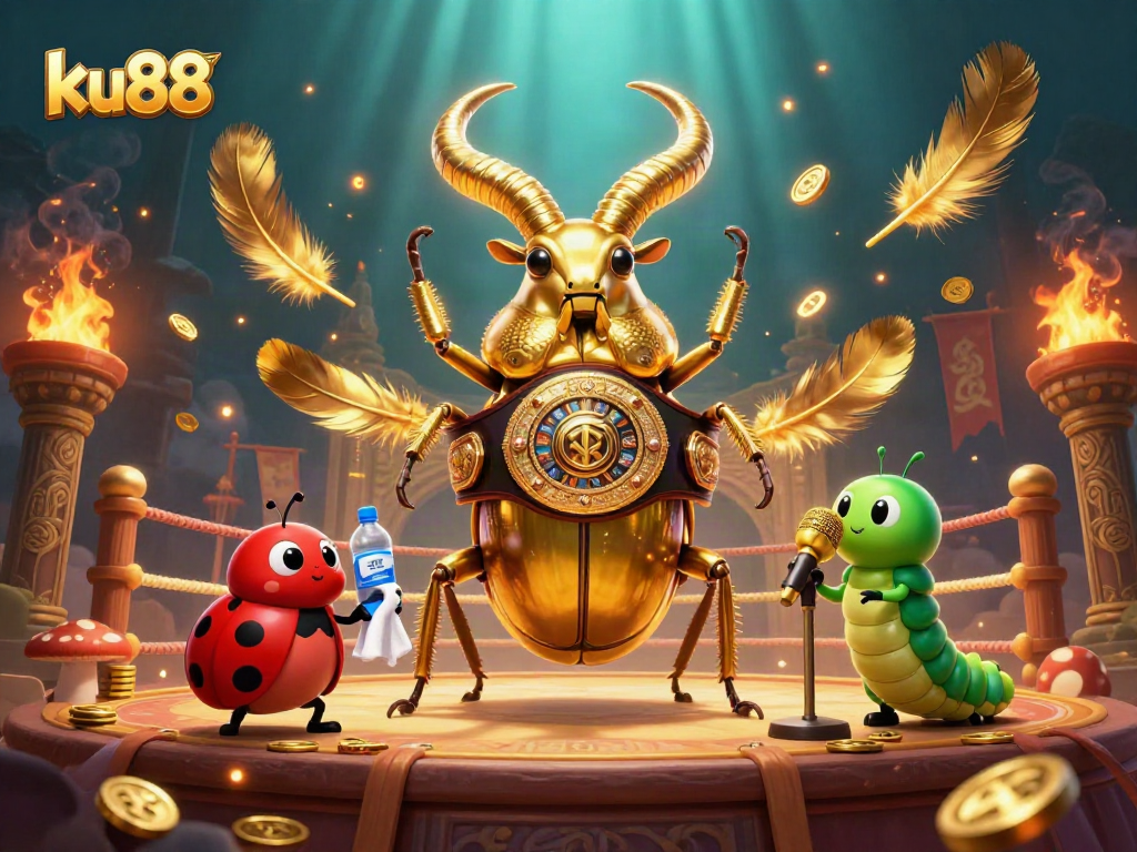 Experience thrilling action at ku88 as a golden stag beetle shines in the ring, flanked by unique characters.