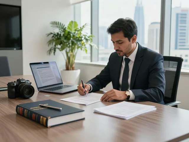 Contracts Drafting Services in Dubai showcased in a professional law office setting, emphasizing legal document review and collaboration.