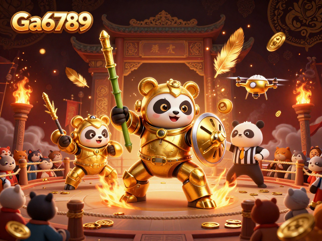 Ga6789 sparks excitement with a mech-suit panda in a vibrant casino-themed arena.