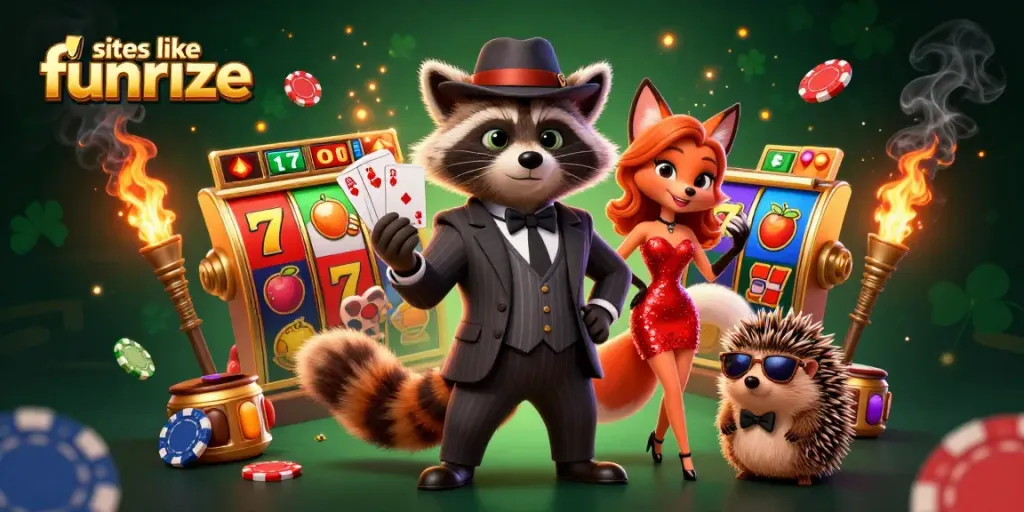 Engage in fun games at sites like funrize, featuring raccoon dealing poker cards and vibrant slot elements.