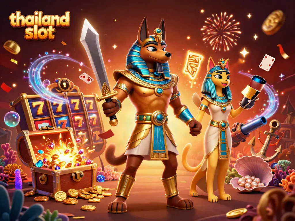 Spin the reels of thailand slot amidst ancient Egyptian warriors and treasures in this vibrant illustration.