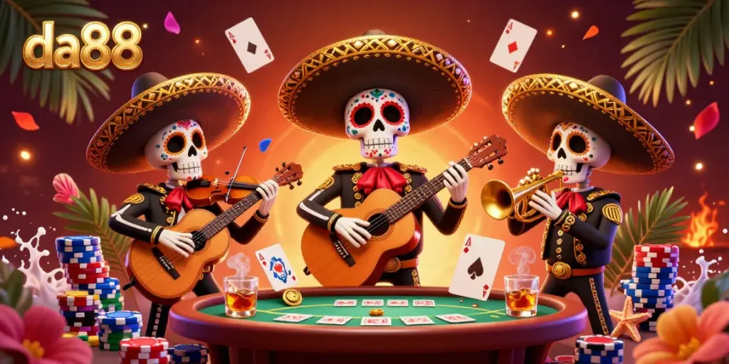Engage with exciting games at da88's vibrant online casino with colorful poker chips and lively mariachi band.