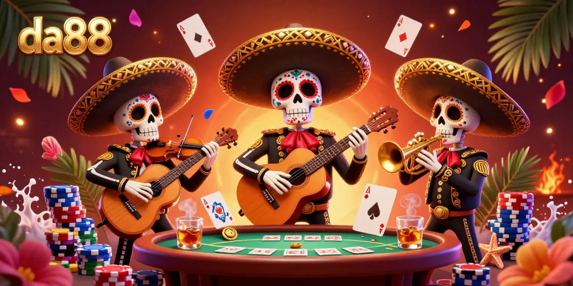Engage with exciting games at da88's vibrant online casino with colorful poker chips and lively mariachi band.
