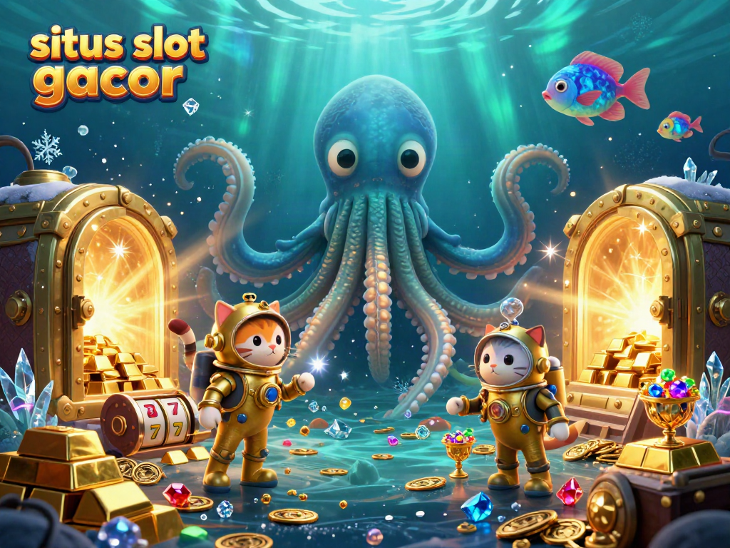 Experience the thrill of situs slot gacor with the colossal kraken and diving cat in a treasure-filled ocean.