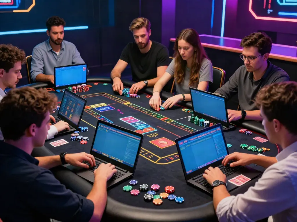 Players enjoying hargatoto online gaming at a sleek digital table, showcasing immersive interactive experience.