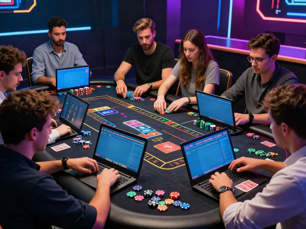 Players enjoying hargatoto online gaming at a sleek digital table, showcasing immersive interactive experience.