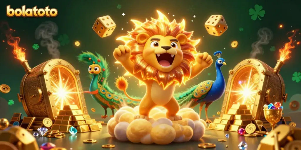 Bolatoto showcases a vibrant casino scene with a roaring sun lion, gold elements, and dynamic game symbols.