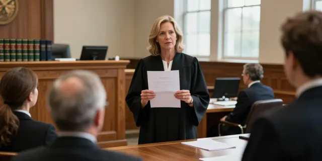 Karen McCleave attorney presenting in a courtroom with jurors engaged.