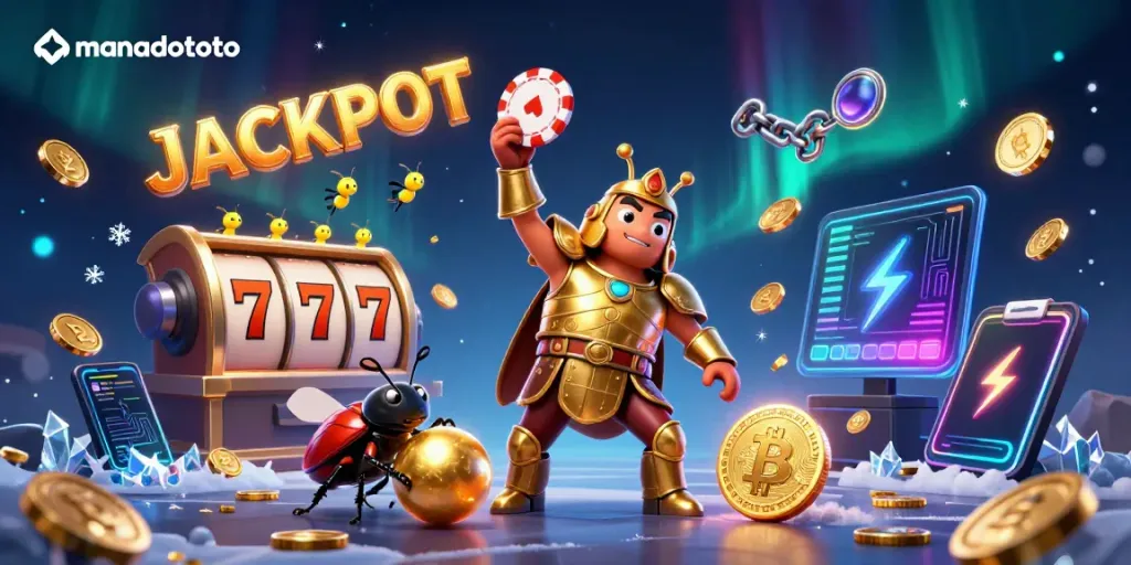 Experience the excitement of manadototo with a victorious beetle in a vibrant casino scene.