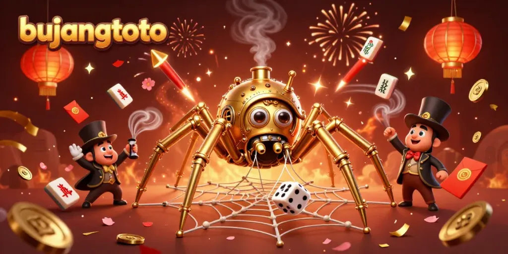 Bujangtoto's vibrant 3D steampunk casino scene showcasing a golden spider web with poker chips and glowing elements, capturing the thrill of gaming.