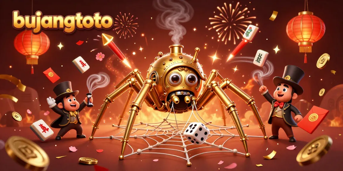 Bujangtoto's vibrant 3D steampunk casino scene showcasing a golden spider web with poker chips and glowing elements, capturing the thrill of gaming.