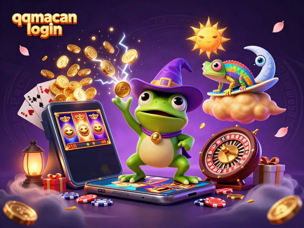 Experience gaming magic with qqmacan login; a vibrant illustration of a frog and chameleon amidst golden coins.
