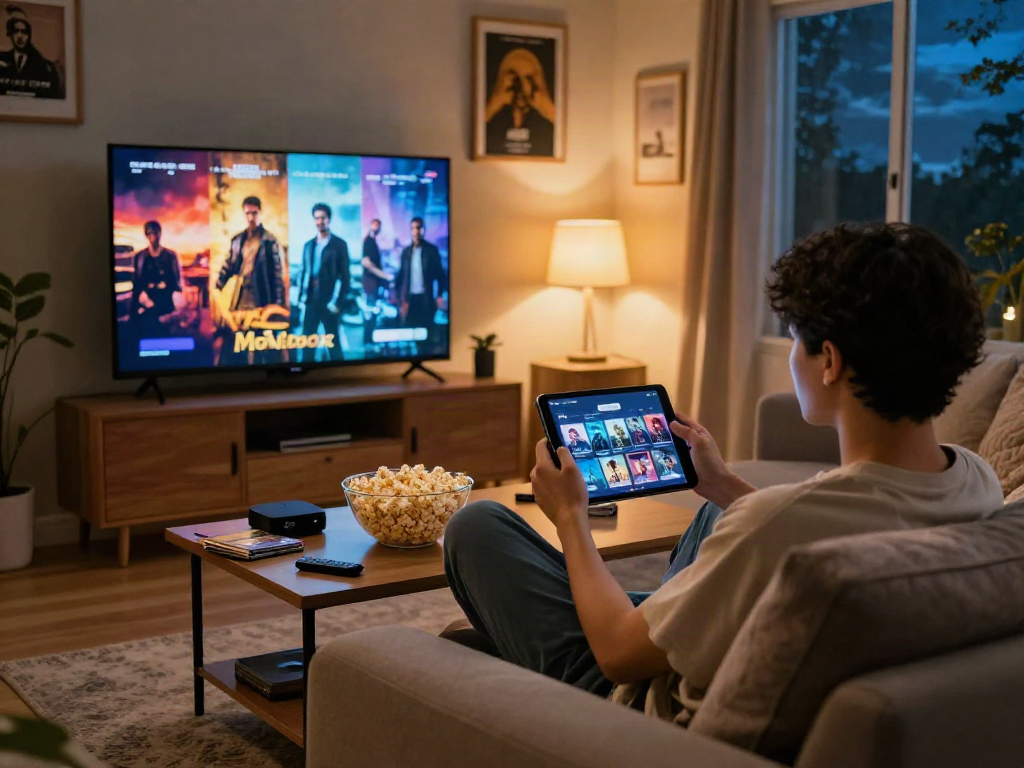 Enjoying a cozy movie night using the Moviebox app on a tablet in a stylish living room.