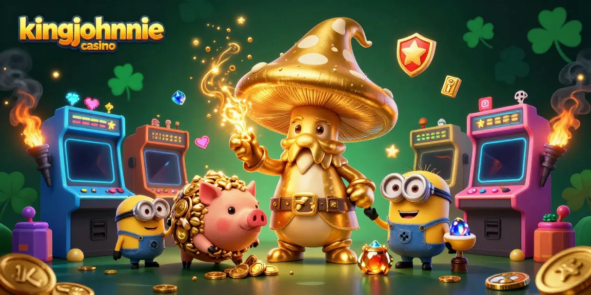 Engage with kingjohnnie casino's vibrant 3D illustration featuring a magical mushroom wizard and treasure elements.