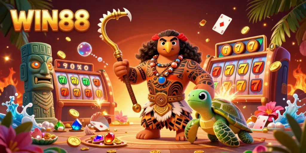 Experience the excitement of WIN88 with vibrant slot reels and magical casino elements in a lively illustration.