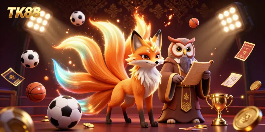 Engage with thrilling TK88 casino experiences featuring a nine-tailed fox and owl sage amidst dynamic sports betting elements.