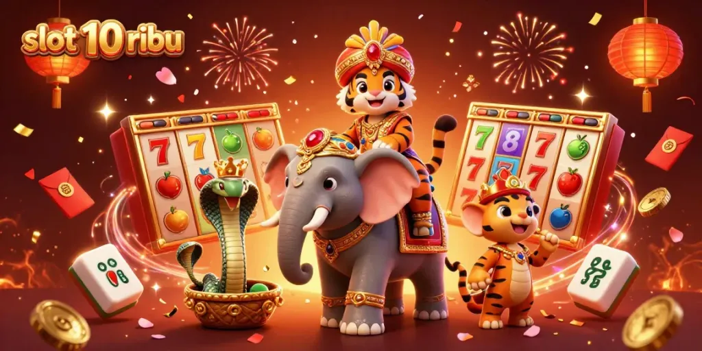 Spin the reels with slot 10 ribu in a vibrant, animated casino scene featuring a royal tiger and elephqat