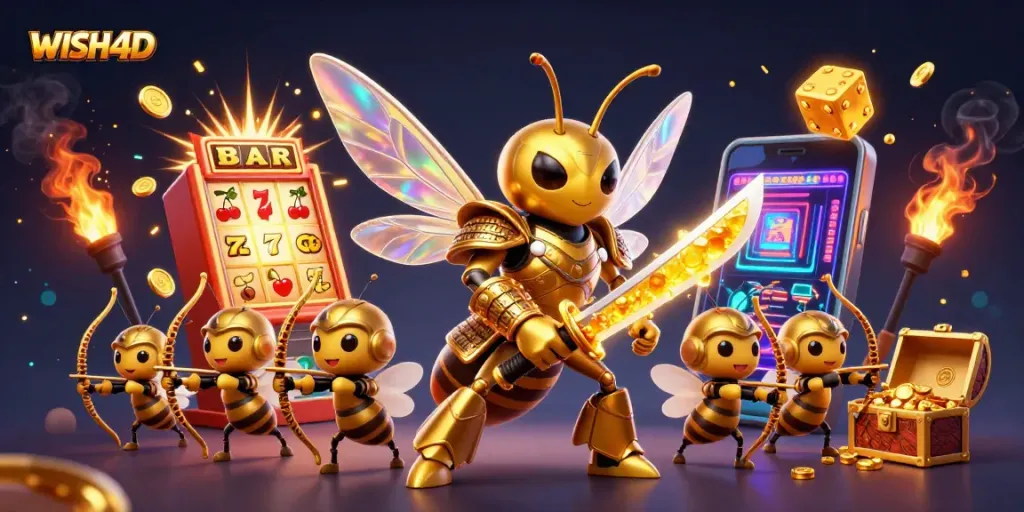 Experience thrilling gameplay at WISH4D with a beautiful illustration of dynamic casino elements, slot machines, and engaging characters.