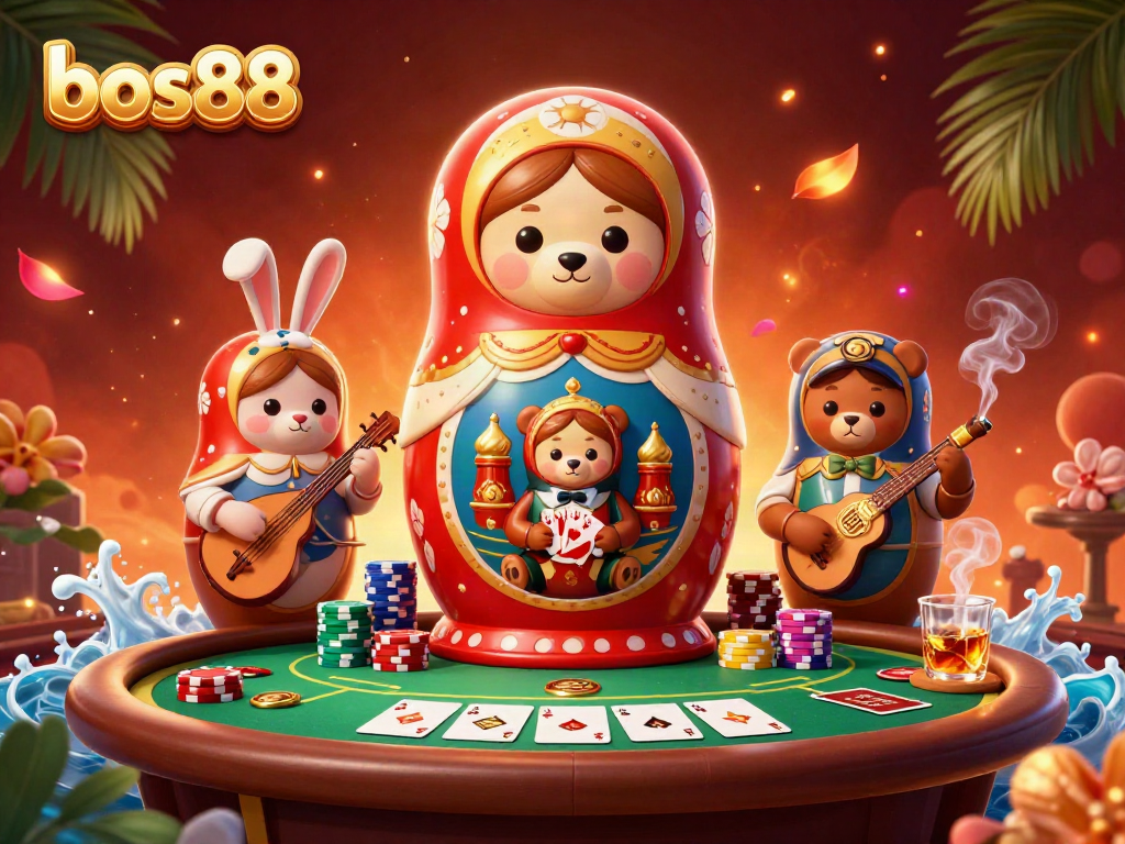 Bos88 menyediakan suasana kasino dengan beruang Matryoshka yang menampilkan dealer permainan.