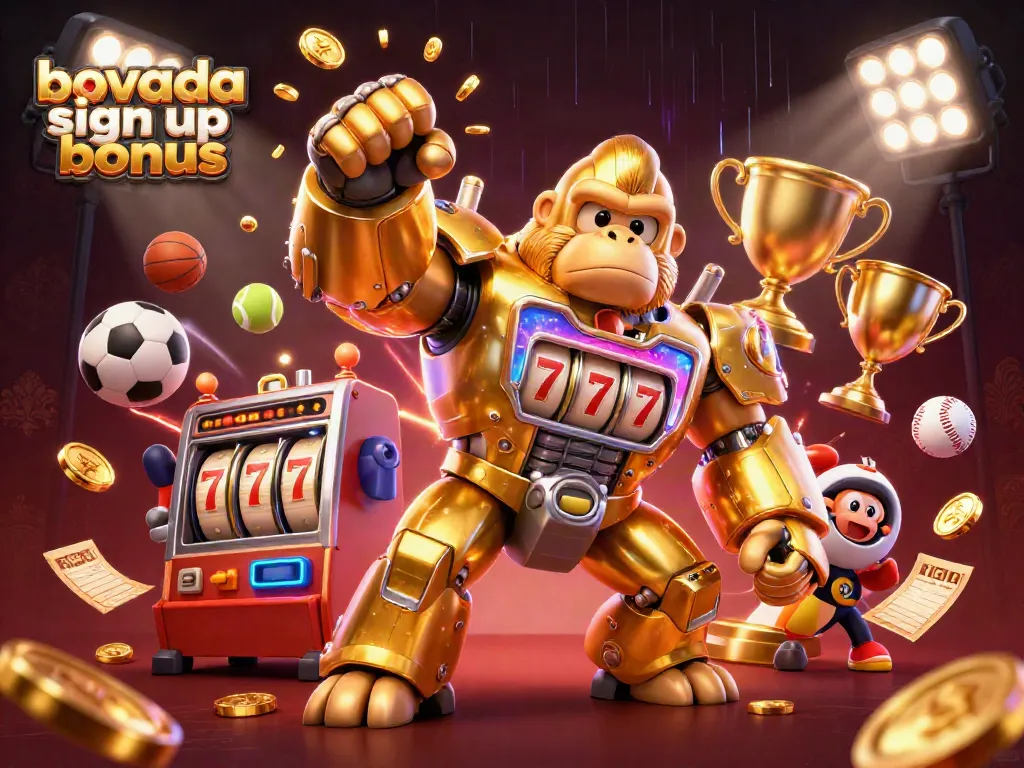Experience the excitement of the bovada sign up bonus with a dazzling 3D illustration of casino elements and characters.