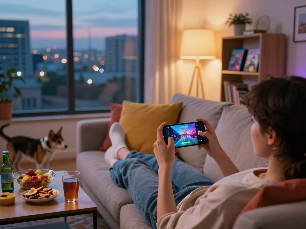 Person enjoying mobile porn games in a cozy living room, complete with snacks and city view.