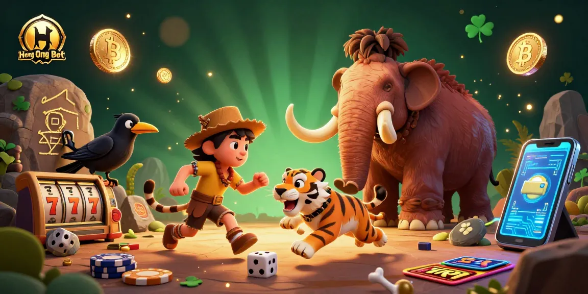 Engage with Heng Ong Bet at a vibrant prehistoric casino with crypto symbols and animated gameplay.