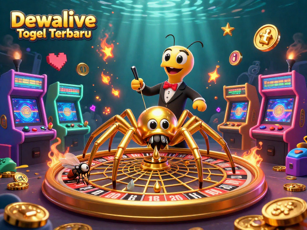 Dewalive Togel Terbaru showcases a golden spider and centipede croupier in a vibrant casino scene.