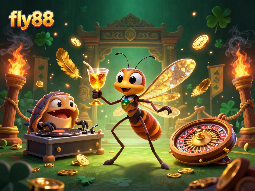 Spin the golden roulette wheel at fly88 with a lively casino mascot and dynamic elements