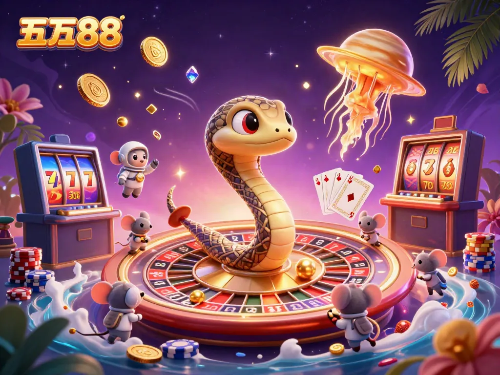 Experience five88's vibrant casino atmosphere featuring a Saturn ring snake roulette, astronaut mice betting, and a golden jellyfish dealer.