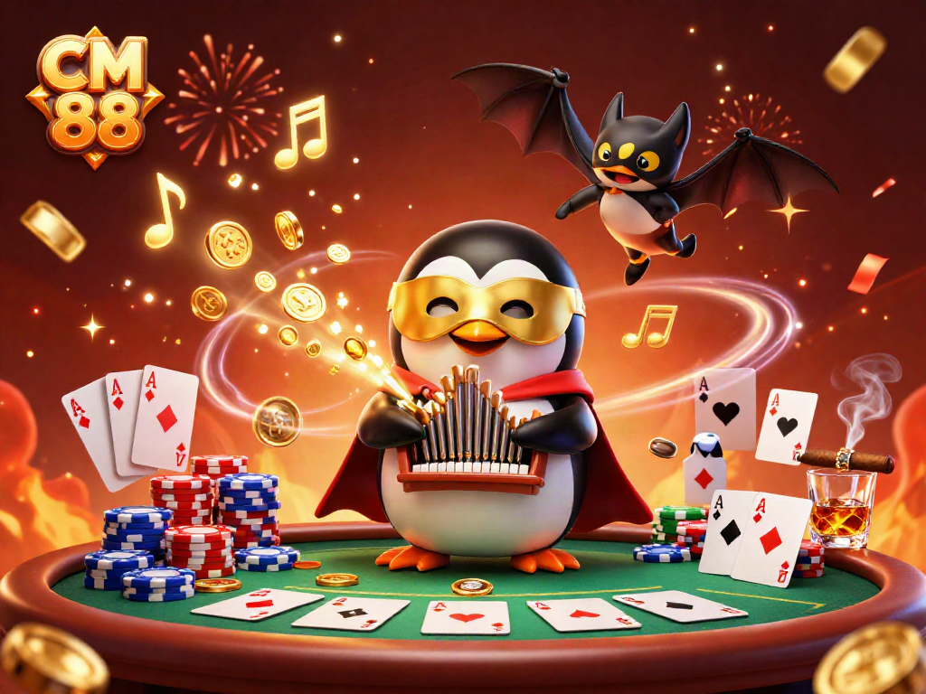 Win big at CM 88 with a lively casino scene featuring a penguin and coins!