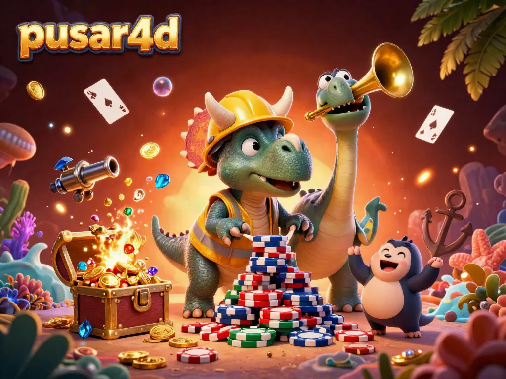 Experience exciting gameplay with pusar4d, featuring a 3D triceratops and poker chips.