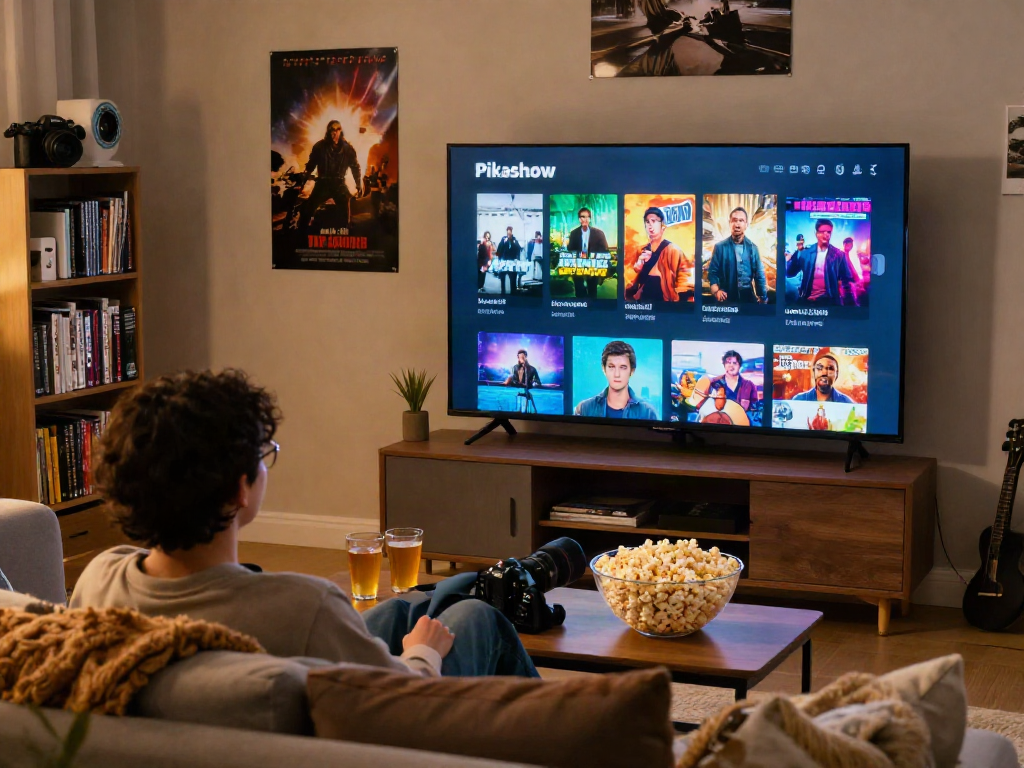Enjoying Pikashow app streaming on a cozy couch in a warm living room.